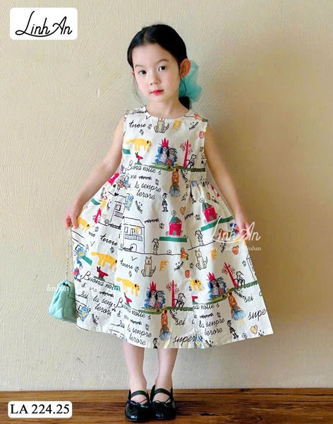 Váy sát nách thô họa tiết hình vẽ nền TRẮNG Linh An