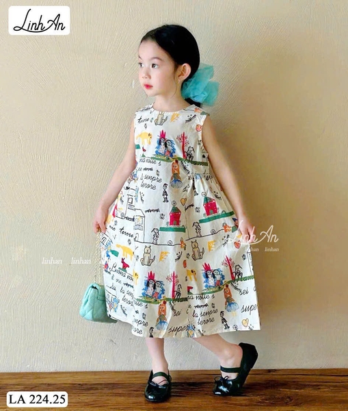 Váy sát nách thô họa tiết hình vẽ nền TRẮNG Linh An