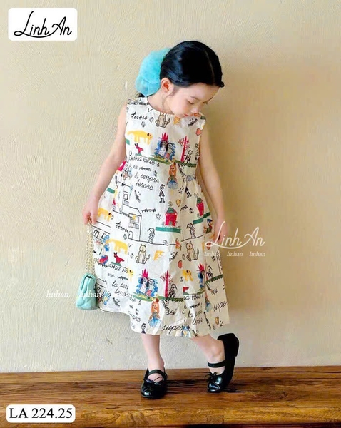 Váy sát nách thô họa tiết hình vẽ nền TRẮNG Linh An