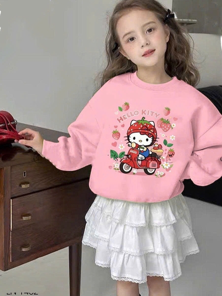 Bộ nỉ Hello Kitty Elaine dâu áo hồng cam chân váy trắng 3 tầng
