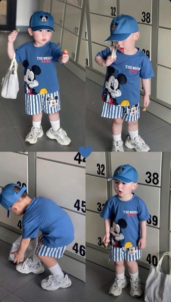 Bộ cộc tay cotton Mickey xanh quần sooc kẻ sọc kèm mũ