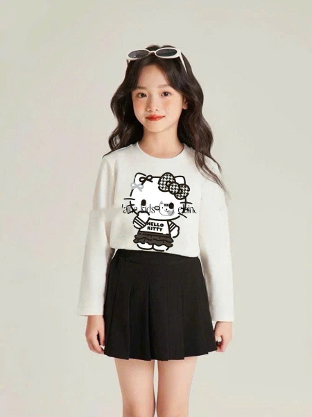 Bộ cotton Hello Kitty Elaine áo dài tay trắng chân váy kaki đen