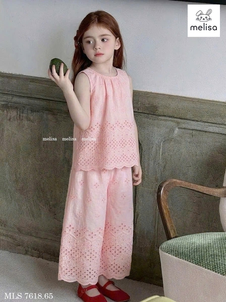 Bộ Melisa thô ren thêu hoa áo sát nách quần dài 4 màu hồng, kem, xanh, vàng