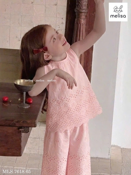 Bộ Melisa thô ren thêu hoa áo sát nách quần dài 4 màu hồng, kem, xanh, vàng