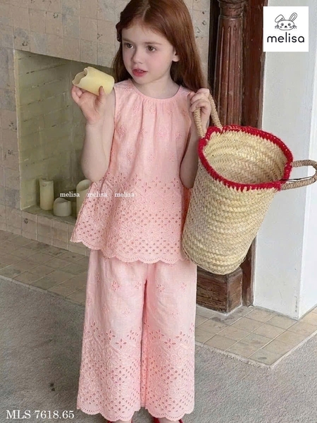 Bộ Melisa thô ren thêu hoa áo sát nách quần dài 4 màu hồng, kem, xanh, vàng