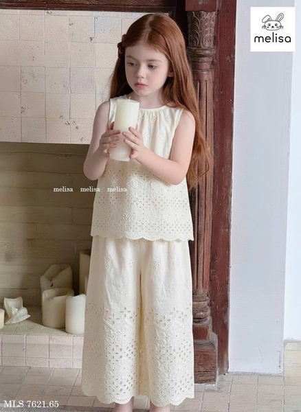 Bộ Melisa thô ren thêu hoa áo sát nách quần dài 4 màu hồng, kem, xanh, vàng