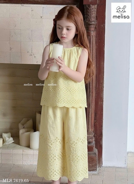 Bộ Melisa thô ren thêu hoa áo sát nách quần dài 4 màu hồng, kem, xanh, vàng