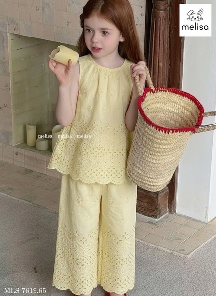 Bộ Melisa thô ren thêu hoa áo sát nách quần dài 4 màu hồng, kem, xanh, vàng