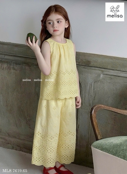 Bộ Melisa thô ren thêu hoa áo sát nách quần dài 4 màu hồng, kem, xanh, vàng