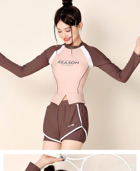 Bộ bơi REASON Yuke áo dài tay quần sooc mix màu nâu hồng cho nữ