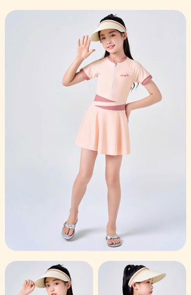 Bộ bơi liền cộc tay GT Yuke cam pha hồng quần sooc cho bé gái