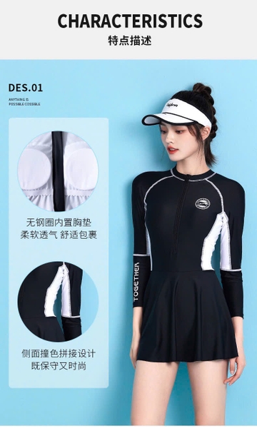 Bộ bơi dáng váy đen TOGETHER Yuke phối trắng dài tay