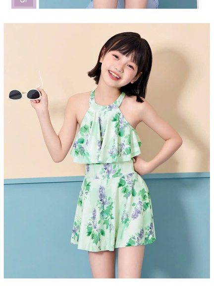 Váy bơi Yuke 2 dây xanh hoa tím cho bé gái