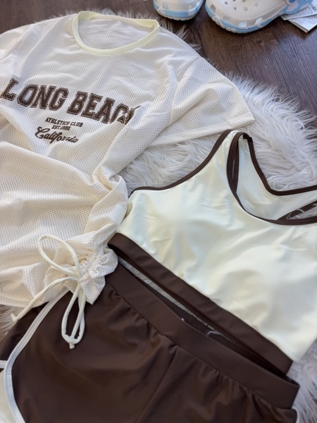 Bộ bơi rời LONG BEACH Yuke 3 món váy lưới quần sooc 2 lớp màu nâu