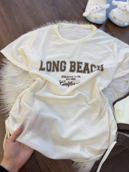 Bộ bơi rời LONG BEACH Yuke 3 món váy lưới quần sooc 2 lớp màu nâu