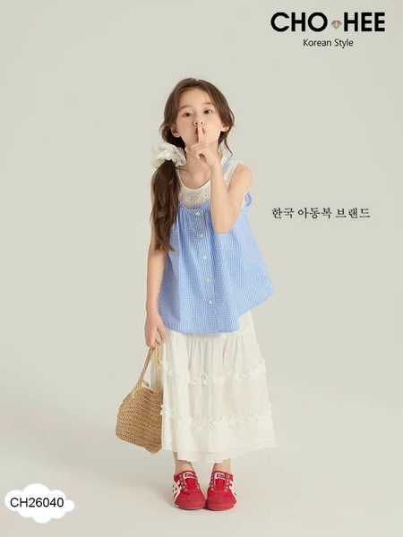 Bộ áo sát nách caro xanh Cho Hee mix chân váy trắng thô