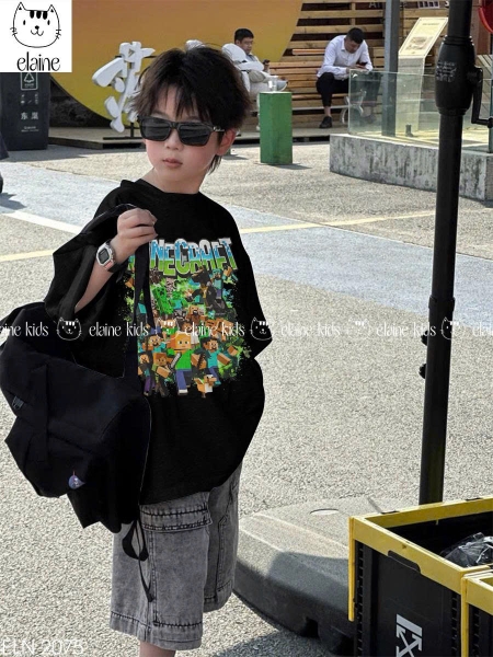 Bộ cộc tay Minecraft Elaine áo đen sooc jean