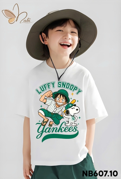 Bộ cotton Nabi áo trắng Luffy Snoopy quần short kaki xanh lá bé trai