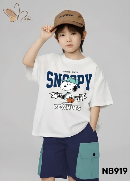 Bộ cotton Nabi áo Snoopy Peanuts trắng quần short kaki xanh navy bé trai