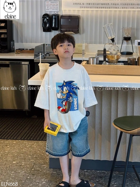 Bộ cotton Elaine Sonic áo trắng quần short jean bé trai
