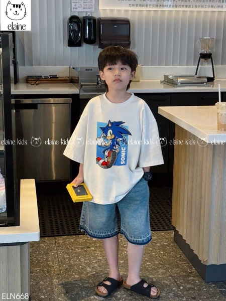 Bộ cotton Elaine Sonic áo trắng quần short jean bé trai