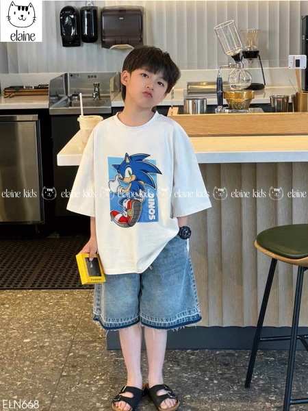 Bộ cotton Elaine Sonic áo trắng quần short jean bé trai