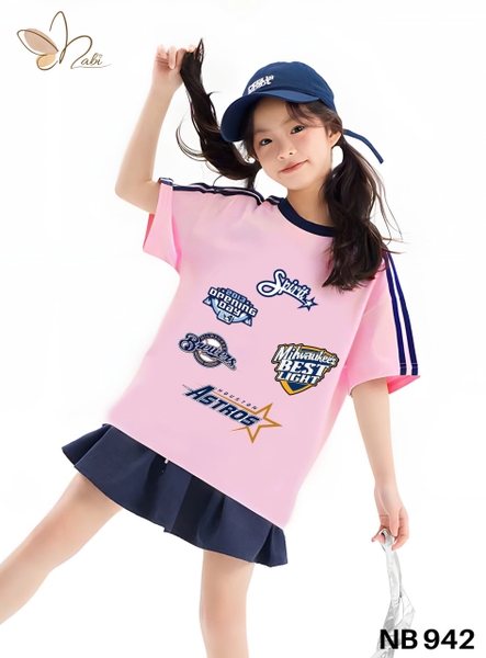 Bộ cotton NABI áo hồng Spirit chân váy xếp ly xanh navy