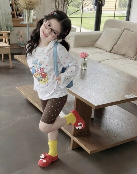 Set 4 quần legging lửng bé gái caro cam, chấm bi nâu, kẻ ngang, ghi