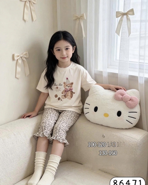 Bộ cotton lửng xuất Hàn 5 mẫu Gấu thỏ, Gấu xám, Nơ xinh, Hello Kitty, Gấu nơ hồng