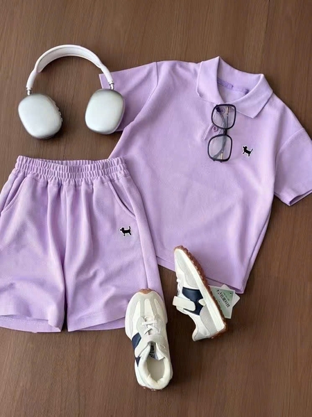 Bộ polo Happyniuniu cộc tay thêu chú chó 3 màu vàng, xanh, tím