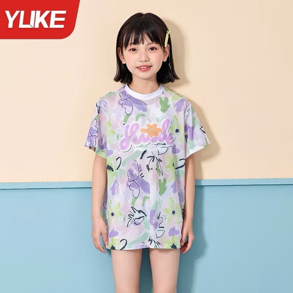 Set bộ bơi YUKE 3 chi tiết áo lưới cộc tay loang hoa xanh tím quần sooc