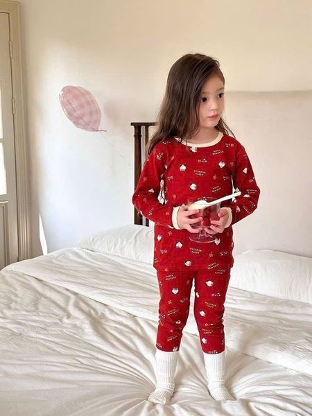 Bộ cotton dài tay AMBB KIDS cún con màu đỏ may mắn