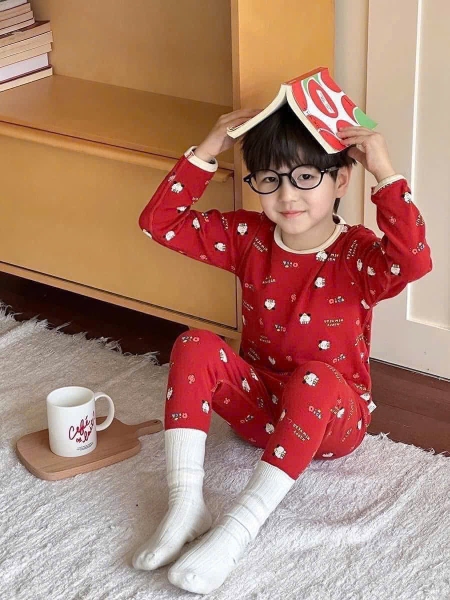 Bộ cotton dài tay AMBB KIDS cún con màu đỏ may mắn
