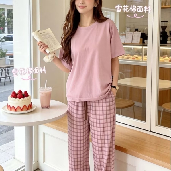 Bộ cộc tay MOTIE áo trơn quần caro dài 5 màu cam, hồng, xanh, kem, be nâu