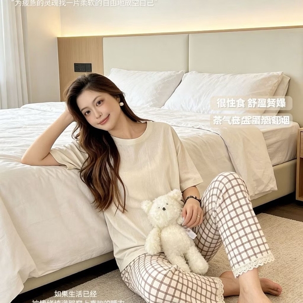 Bộ cộc tay MOTIE áo trơn quần caro dài 5 màu cam, hồng, xanh, kem, be nâu