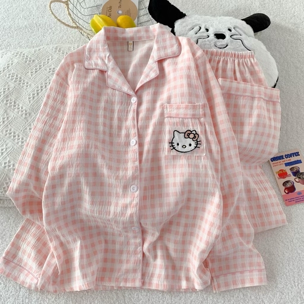 Bộ ngủ pyjama Hello Kitty caro hồng phấn