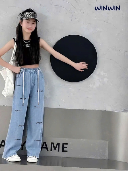 Quần jean giấy size 9-14Y Nexxi dáng suông 2 mẫu thêu chữ Charity, Nasty Gal kèm dây đai