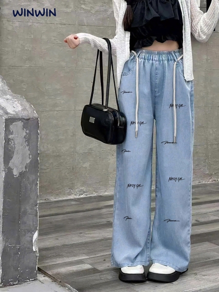 Quần jean giấy size 9-14Y Nexxi dáng suông 2 mẫu thêu chữ Charity, Nasty Gal kèm dây đai