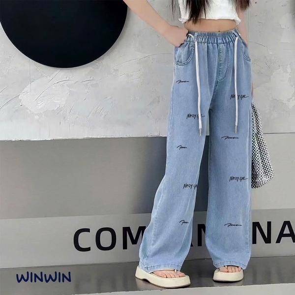 Quần jean giấy size 9-14Y Nexxi dáng suông 2 mẫu thêu chữ Charity, Nasty Gal kèm dây đai