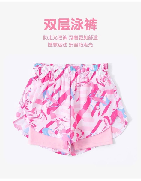 Bộ bơi SOIOE áo cộc raglan mix quần sooc 2 lớp hoa văn hồng bé gái