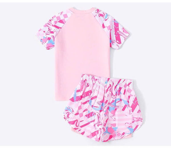Bộ bơi SOIOE áo cộc raglan mix quần sooc 2 lớp hoa văn hồng bé gái