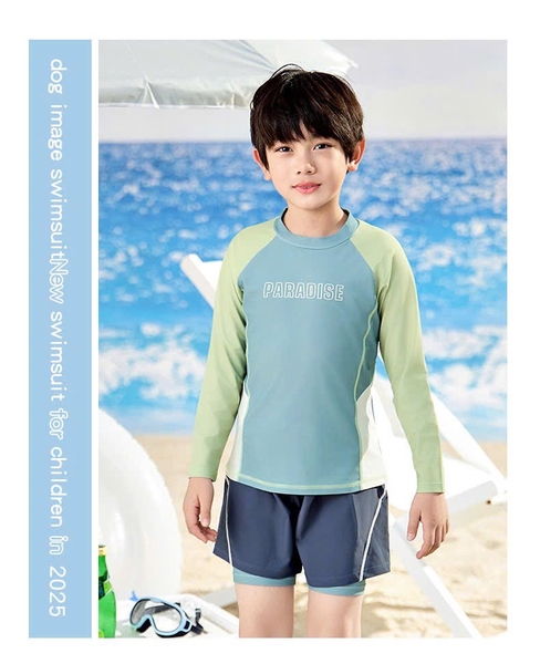 Bộ bơi áo dài tay quần short 2 lớp Paradise Yuke raglan mix màu xanh mint bé trai