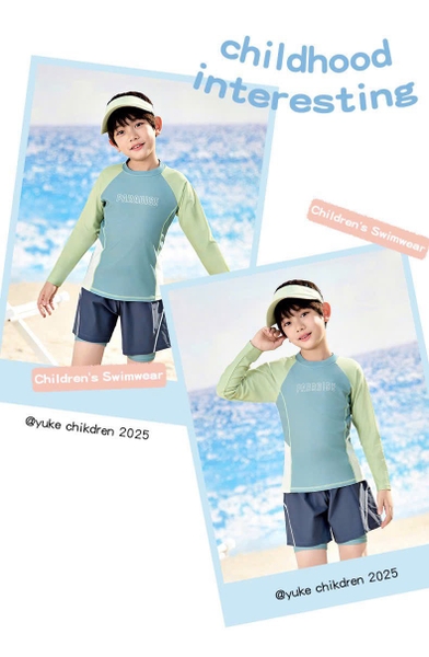 Bộ bơi áo dài tay quần short 2 lớp Paradise Yuke raglan mix màu xanh mint bé trai