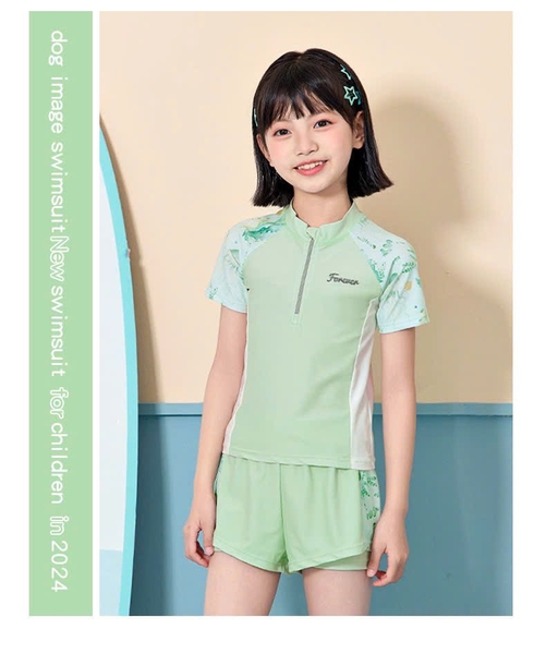 Bộ bơi FOREVER Yuke áo cộc tay quần sooc có khoá cổ tay mix họa tiết sinh vật biển xanh mint