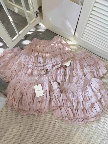 Chân váy ren 3 tầng GOGANG cạp bo chun smocked màu đen, hồng, trắng
