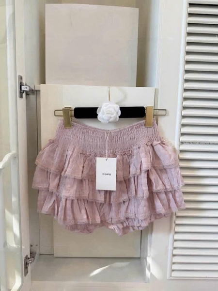 Chân váy ren 3 tầng GOGANG cạp bo chun smocked màu đen, hồng, trắng