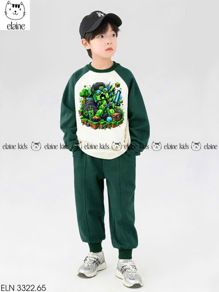 Bộ nỉ dài tay Minecraft Elaine xanh lá mix trắng
