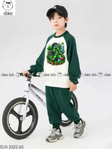 Bộ nỉ dài tay Minecraft Elaine xanh lá mix trắng