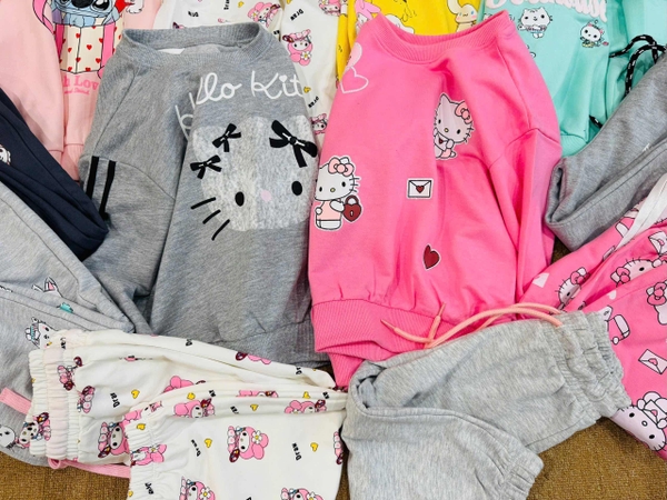 Bộ nỉ da cá Hiunikids dài tay bé gái 6 mẫu Hello Kitty, Sanrio, Gabby, Stitch