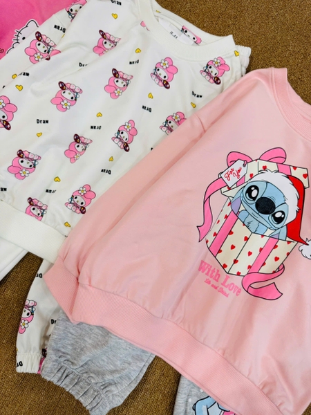 Bộ nỉ da cá Hiunikids dài tay bé gái 6 mẫu Hello Kitty, Sanrio, Gabby, Stitch